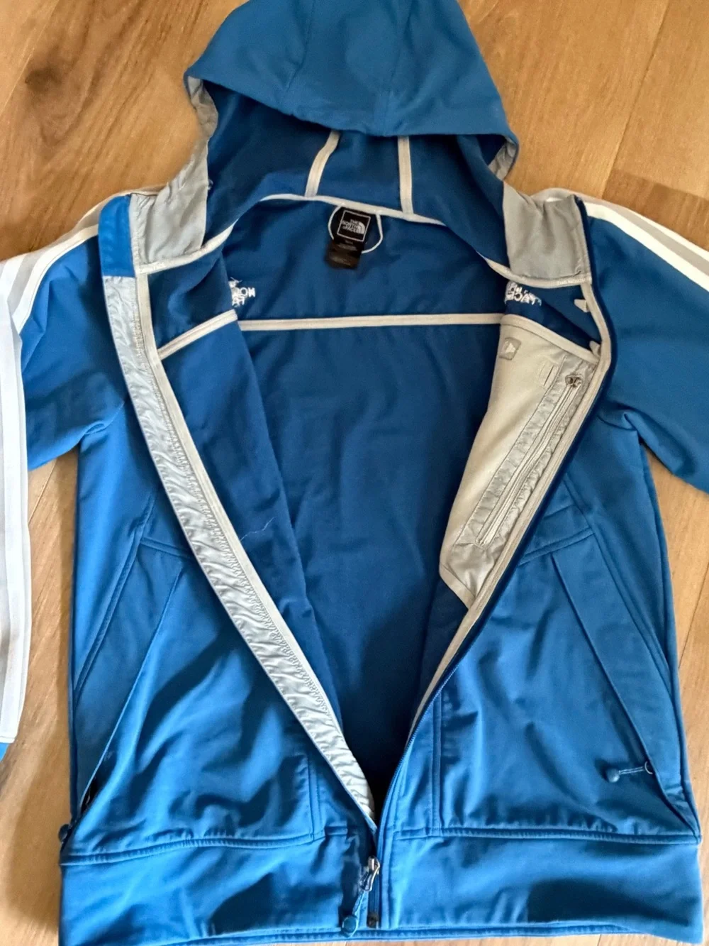 The North Face Boys' Blue Hooded Jacket with White Stripes